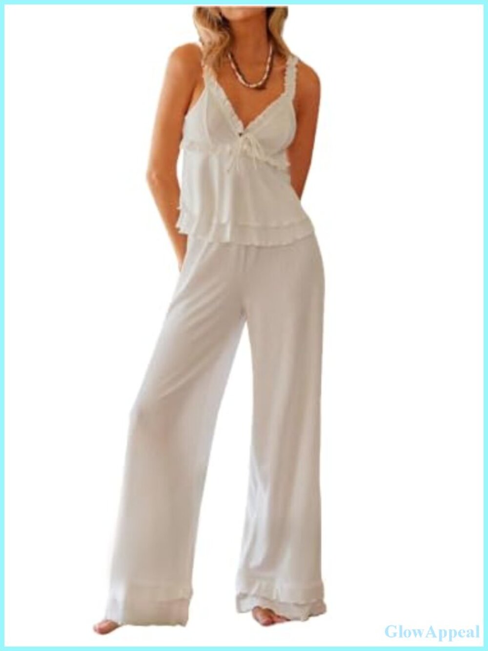 Sleeveless Camisole Pajama Set Wide Leg Ruffle Tie Knit Sleepwear
